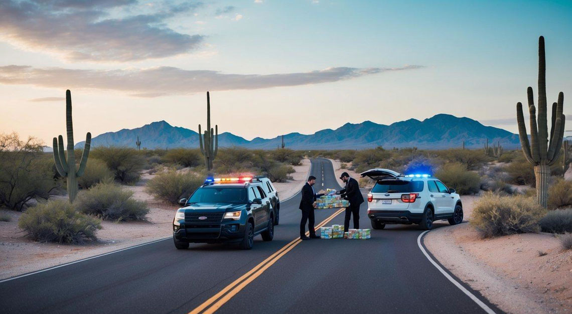 A desert landscape with a winding road, cacti, and mountains in the background, with a hidden stash of drugs being exchanged between two vehicles