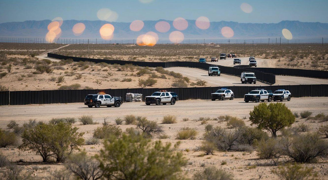 A desert landscape with a border fence, a hidden stash of drugs, and law enforcement vehicles patrolling the area