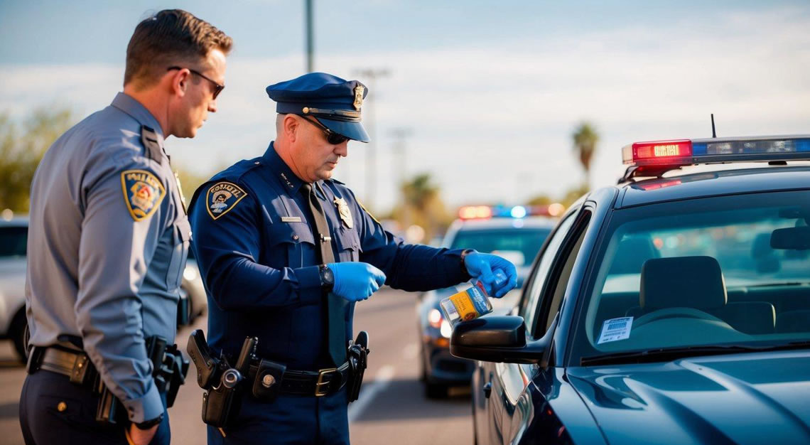 A police officer in Arizona confiscating drugs from a suspect's car during a traffic stop