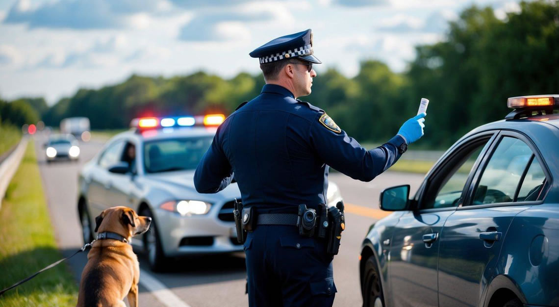 A police officer conducting a roadside sobriety test on a driver, with a drug-sniffing dog nearby