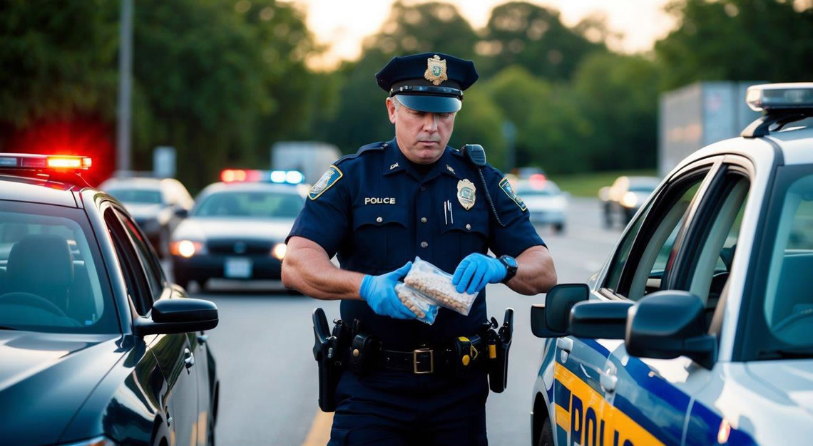 A police officer confiscating drugs from a person's car during a traffic stop